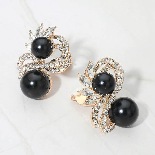 Double Pearl Accent Rhinestone Pave Swirl Clip On Earrings
