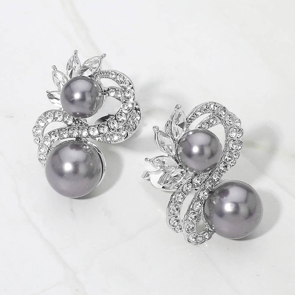 Double Pearl Accent Rhinestone Pave Swirl Clip On Earrings