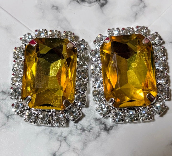 Golden Yellow & Clear Rhinestones Earrings