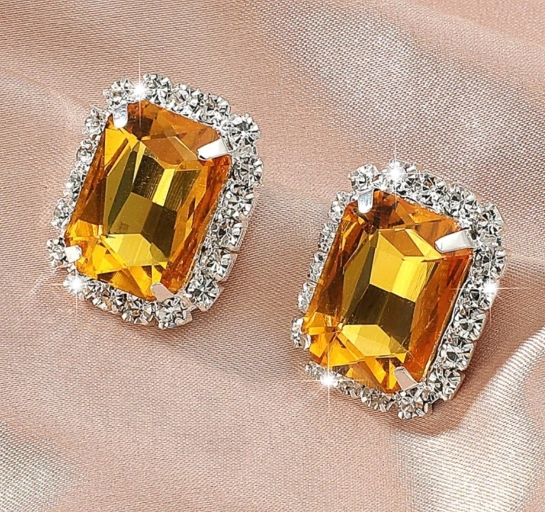 Golden Yellow & Clear Rhinestones Earrings