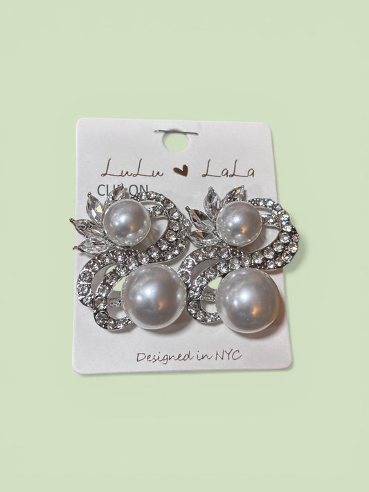 Double Pearl Accent Rhinestone Pave Swirl Clip On Earrings