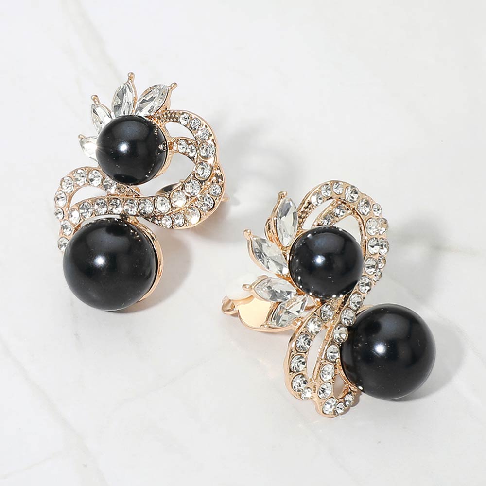 Double Pearl Accent Rhinestone Pave Swirl Clip On Earrings